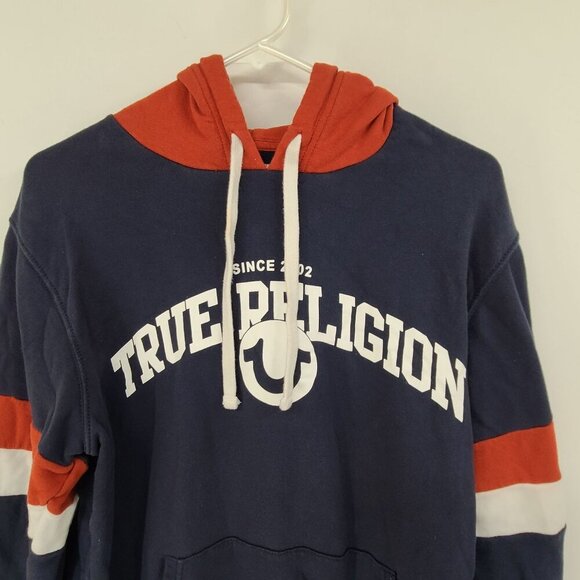 True Religion Sweatshirt Mens Large Blue White Graphic Hoodie Sleeve Stripes - Picture 3 of 7